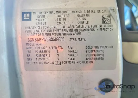 2011 Chevrolet Hhr Lt из США, поврежденный, VIN 3GNBABFW5BS509355